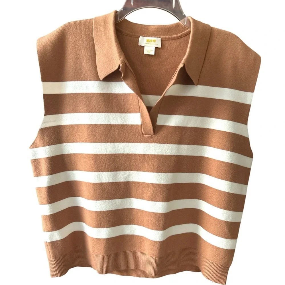 Maeve Anthropologie Stripe Collard Sleeveless Sweater Vest Camel White Size XL